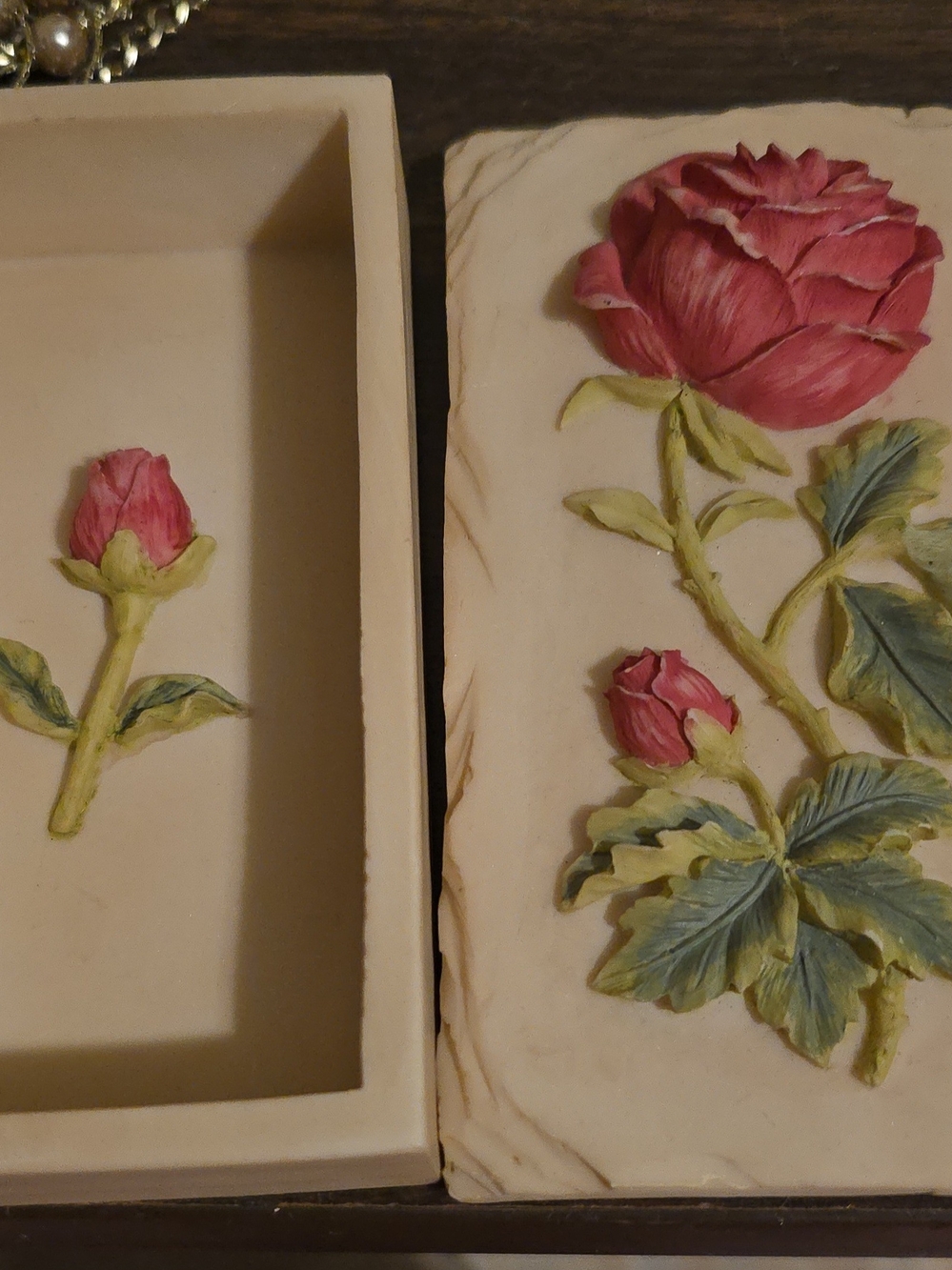 Pink Rose Carved Trinket Jewelry Box